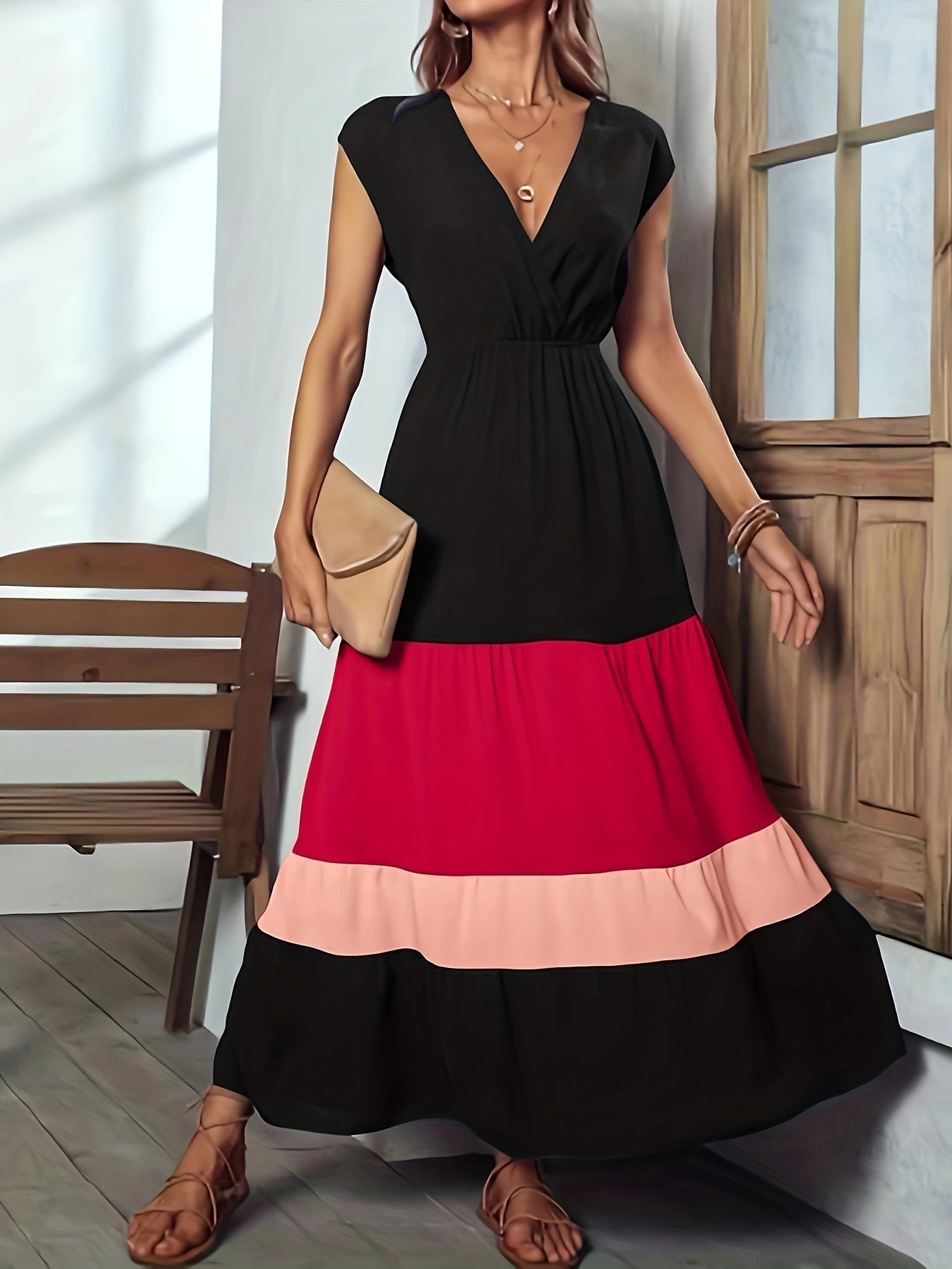 Color Block Maxi Dress Women – Elegant Sleeveless Wrap Dress