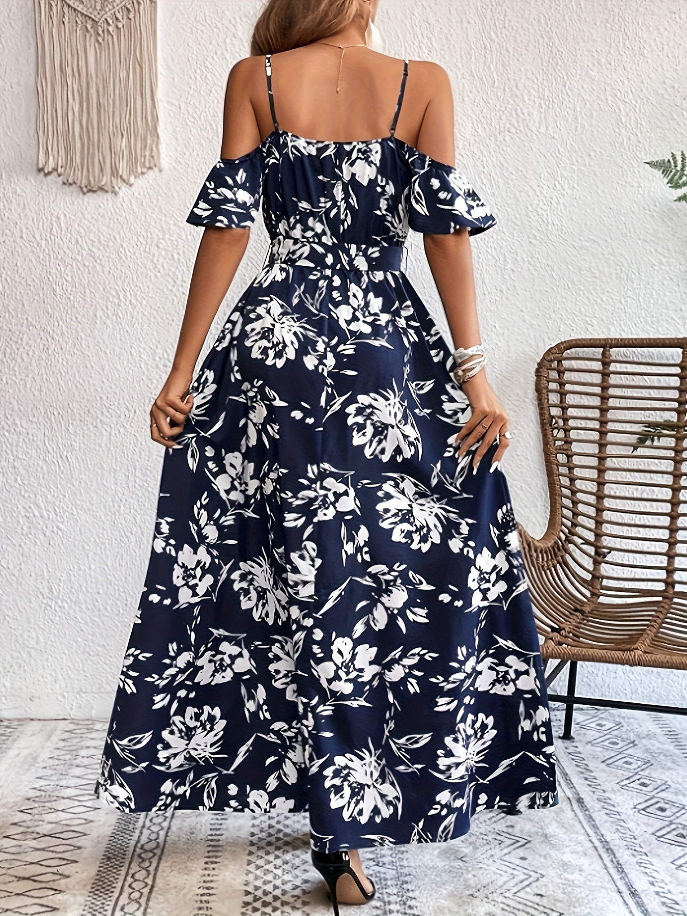 Floral dress with cold shoulders & belt Elegant summer dress