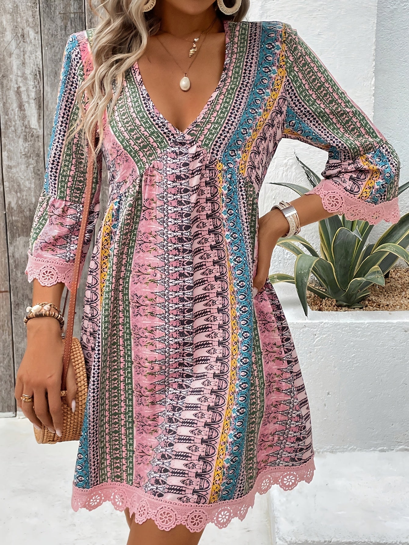 Elegant V-neck dress with lace Light summer dress with colorful stripes