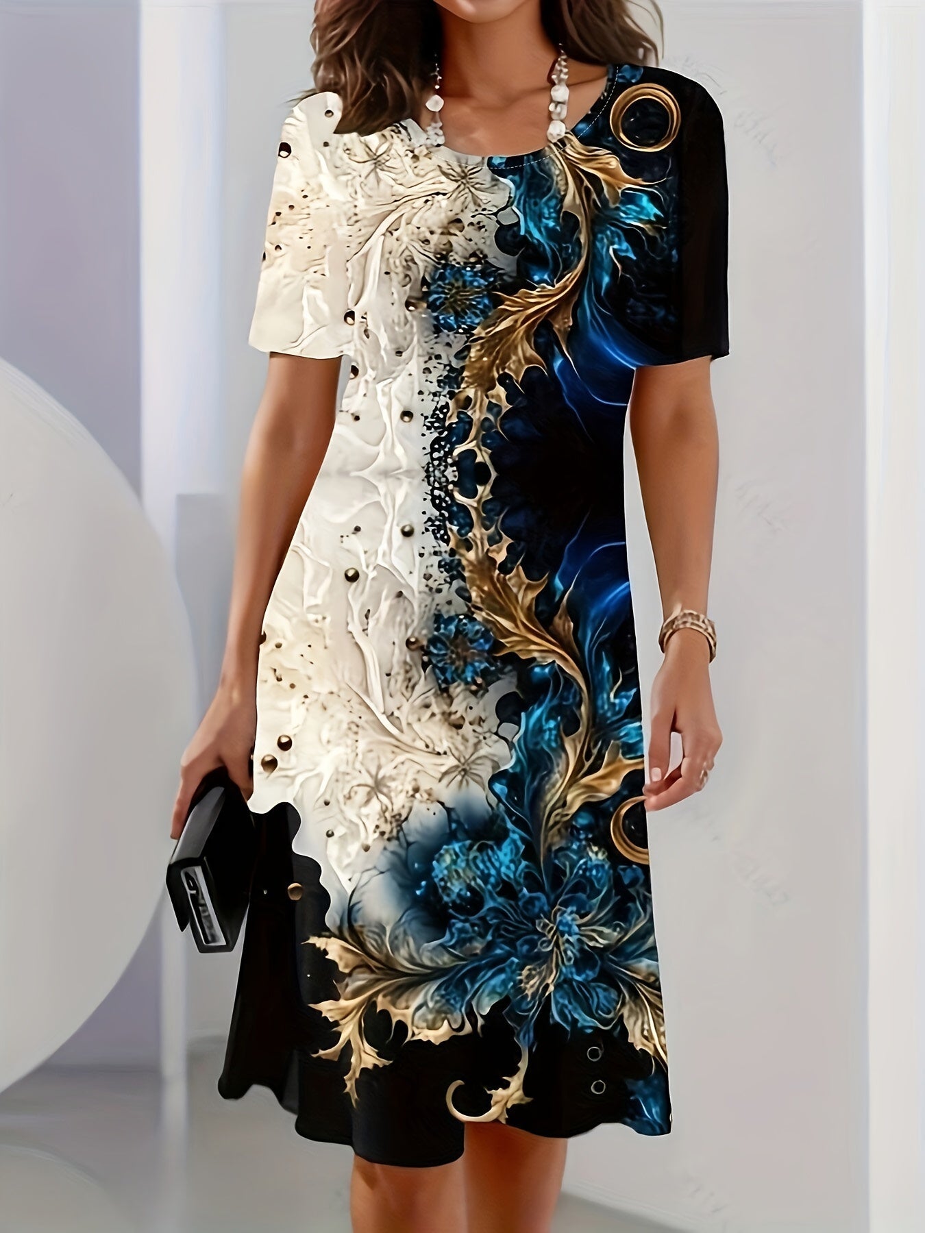 Colorful graphic print dress – short-sleeved summer dress for women