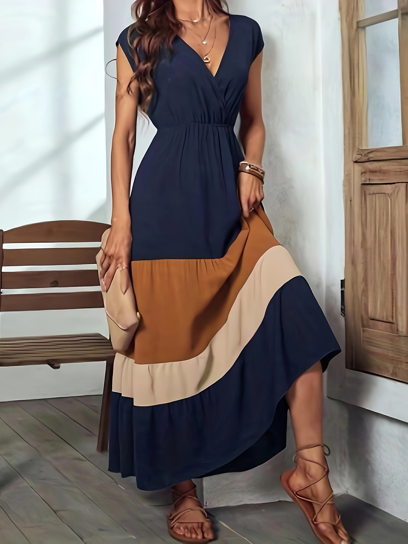 Color Block Maxi Dress Women – Elegant Sleeveless Wrap Dress